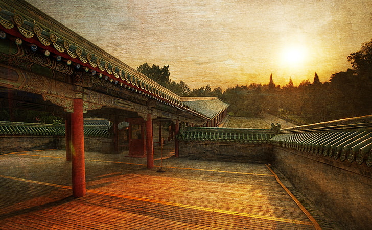 Path To The Temple Of Heaven, gray concrete walls, Vintage, Sunset, Architecture, China, Temple, Texture, Photoshopped, HD wallpaper