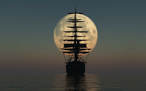 корабль, луна, горизонт, парусник, море, средство передвижения, небо, ночь, HD обои HD wallpaper