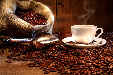 Kaffeebohnen, Kaffee, Getränk, Tasse, Getreide, Untertasse, Schaufel, Sack, heiß, Löffel, HD-Hintergrundbild HD wallpaper