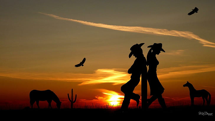 Western Romance, firefox persona, eagles, horse, sunset, cowboy, cactus, romance, love, cowgirl, western, 3d and ab, HD wallpaper