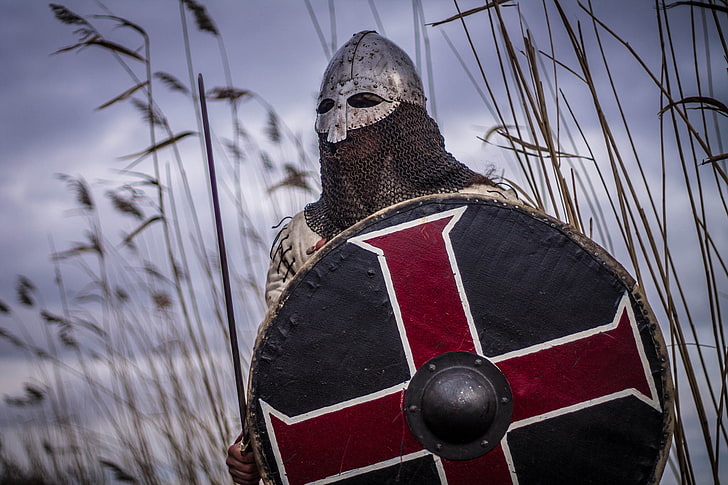 men's gray helmet, sword, warrior, helmet, shield, mail, Viking, HD wallpaper