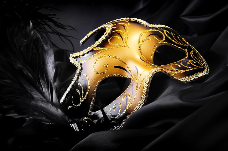 золотая маска коломбина, черная, перья, шелк, блестки, маска золотая, HD обои