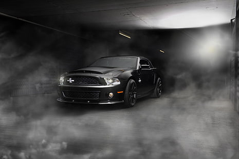 siyah Ford Mustang coupe, hafif, duman, Mustang, Ford, Shelby, GT500, finişer, cabrio, kas araba, Blik, ön, Süper Yılan, HD masaüstü duvar kağıdı HD wallpaper