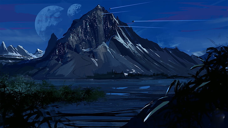 ilustrasi gunung coklat, karya seni, ilustrasi, pegunungan, malam, Wallpaper HD