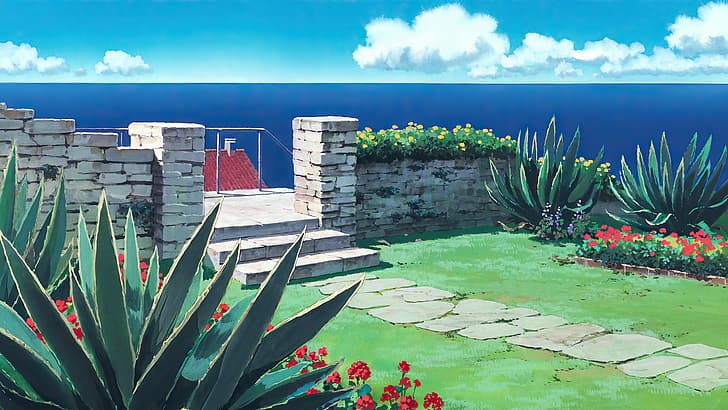 Kiki's Delivery Service, filmy animowane, anime, animacja, fotosy filmowe, Studio Ghibli, Hayao Miyazaki, niebo, chmury, woda, rośliny, schody, kwiaty, Tapety HD
