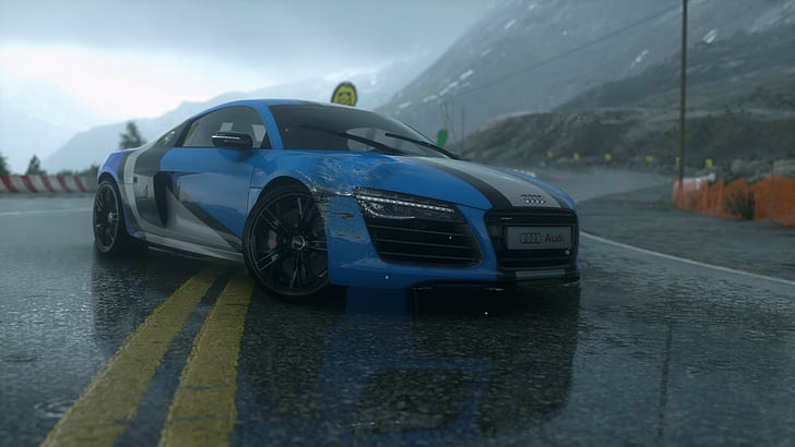 Audi R8, Forza Motorsport 5, горы, отражение, дорога, царапины, скриншот, спорткар, HD обои