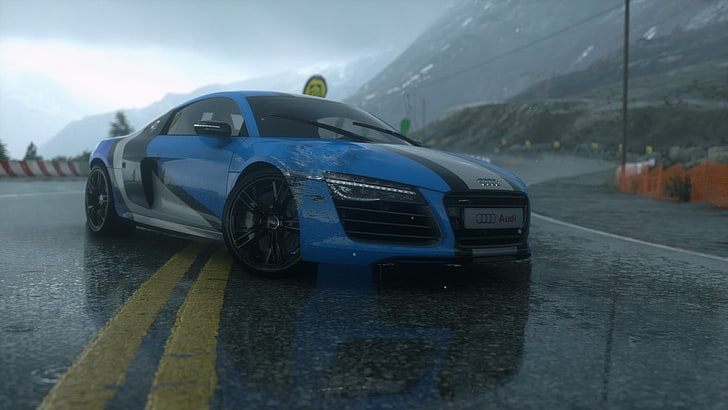 планини, Forza Motorsport 5, отражение, път, драскотини, снимка на екрана, Audi R8, спортен автомобил, HD тапет
