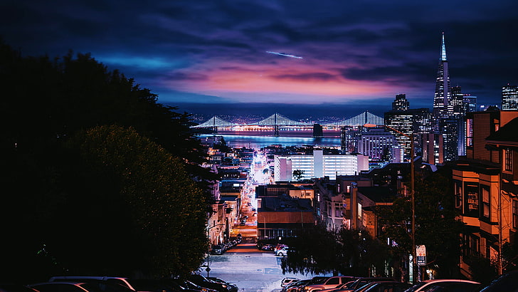 град през нощта тапет, градски пейзаж, нощ, сграда, Сан Франциско, САЩ, HD тапет