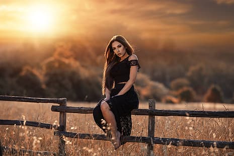  girl, sunset, the fence, meadow, Alessandro Di Cicco, Simona Hyun, HD wallpaper HD wallpaper