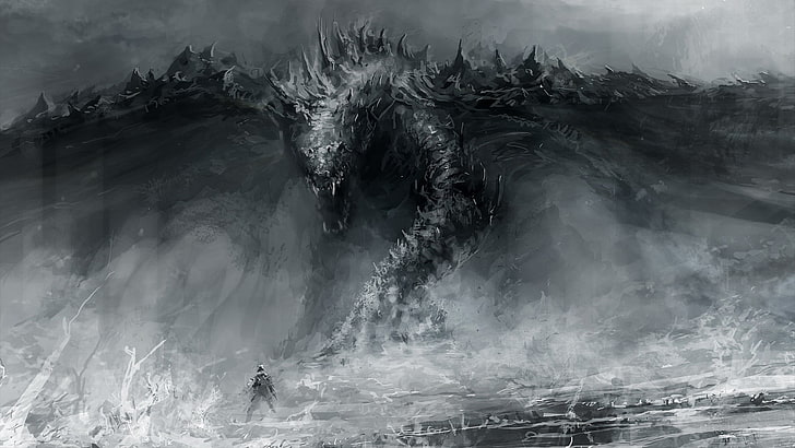illustration de dragon de mer, peinture de dragon gris et blanc, monochrome, art numérique, œuvres d'art, art fantastique, créature, gris, résumé, mer, combat, guerrier, Fond d'écran HD