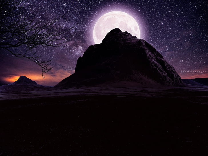 Full Moon Over Mountain On Starry Night, HD wallpaper