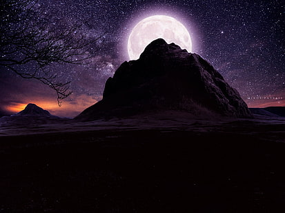 Full Moon Over Mountain On Starry Night, HD wallpaper HD wallpaper