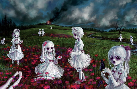 gruppo di ragazze sul giardino fiorito illustrazione, raccapricciante, malvagio, morte, cadavere, scheletro, mietitore, bambini, fantasma, Sfondo HD HD wallpaper