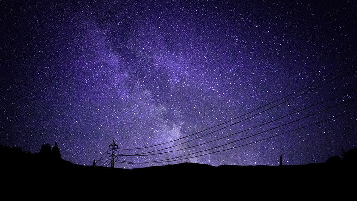 słupek elektryczny, galaktyka, niebo, noc, gwiazdy, Tapety HD