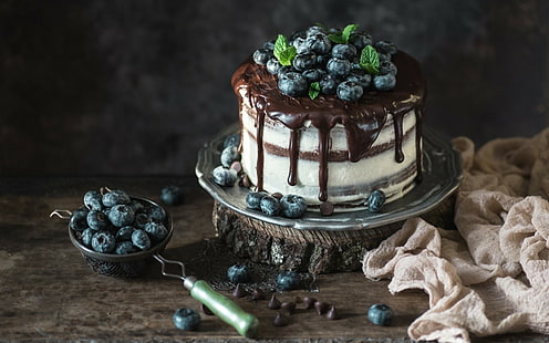 торт, ягоды, еда, шоколад, черника, HD обои HD wallpaper