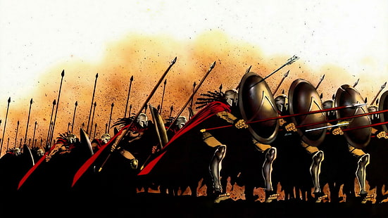figure, war, battle, 300 Spartans, shields, spears, the Spartans, cloaks, sparta, HD wallpaper HD wallpaper
