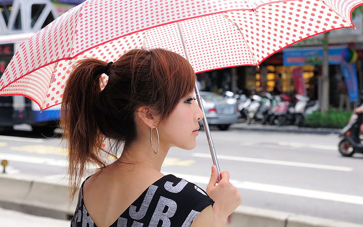asian, beautyful, girl, ponytail, umbrella, woman, HD wallpaper