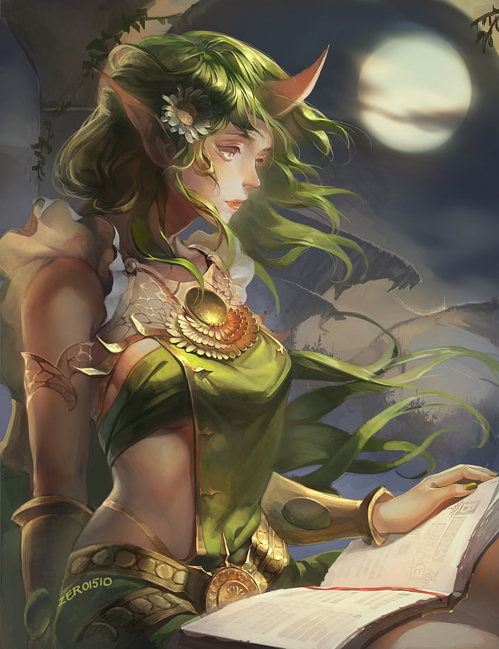 green haired elf reading book illustration, League of Legends, Soraka, HD wallpaper