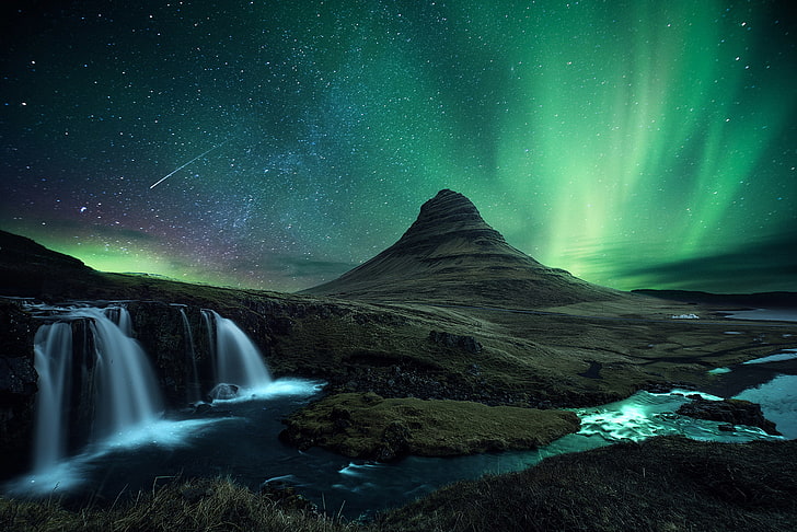 mountain under Aurora wallpaper, stars, snow, night, rocks, mountain, waterfall, meteor, Northern lights, the volcano, comet, Iceland, Kirkjufell, HD wallpaper