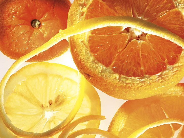 sliced lemon, lemon, orange, sliced, peel, HD wallpaper