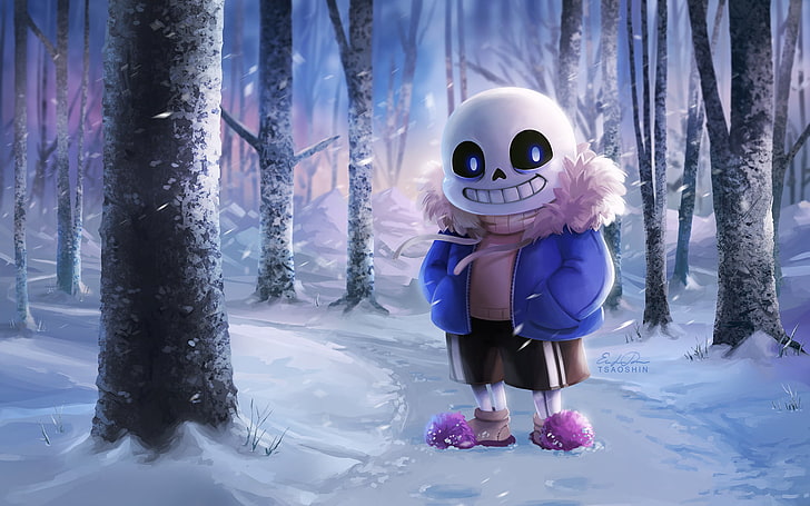 person in blue zip-up jacket illustration, Video Game, Undertale, Creepy, Forest, Sans (Undertale), Snow, Tree, HD wallpaper