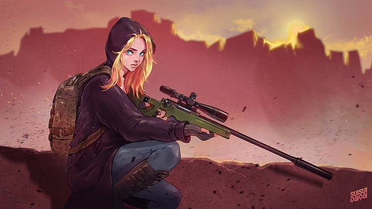 женщина, держащая снайперскую винтовку цифровые обои, женщины, блондинка, голубые глаза, снайперская винтовка, произведение искусства, Accuracy International AWP, рюкзаки, капюшоны, винтовки, оружие, девушки с оружием, HD обои