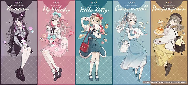 anime, Sanrio, Kitty, Kuromi, Cinnamoroll, My Melody, Pom Pom Purin, HD wallpaper