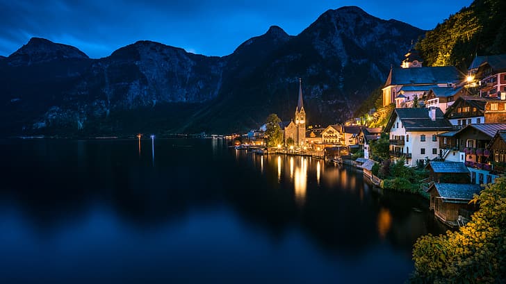 mountains, night, lake, building, home, Austria, Alps, town, Hallstatt, Lake Hallstatt, HD wallpaper
