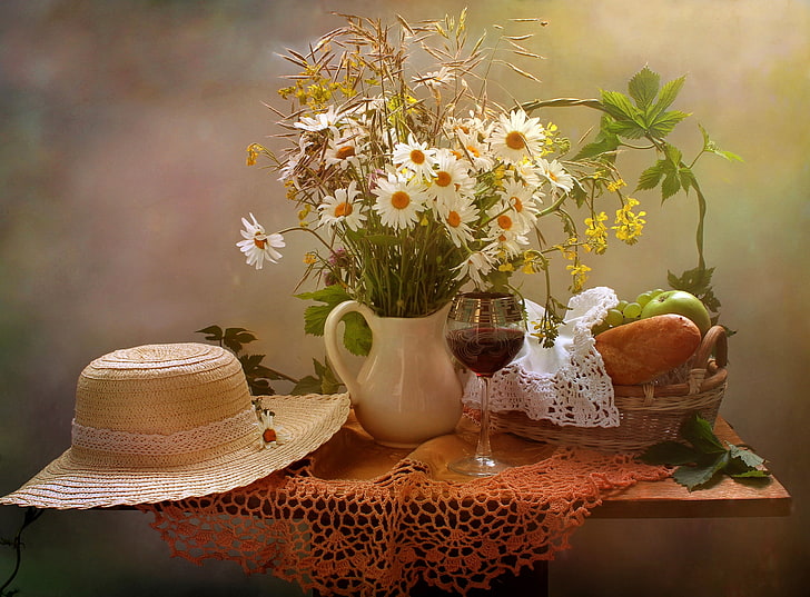 flowers, table, wine, basket, apples, glass, chamomile, bread, grapes, vase, fruit, still life, tablecloth, napkin, baton, HD wallpaper