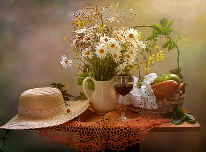 flowers, table, wine, basket, apples, glass, chamomile, bread, grapes, vase, fruit, still life, tablecloth, napkin, baton, HD wallpaper HD wallpaper