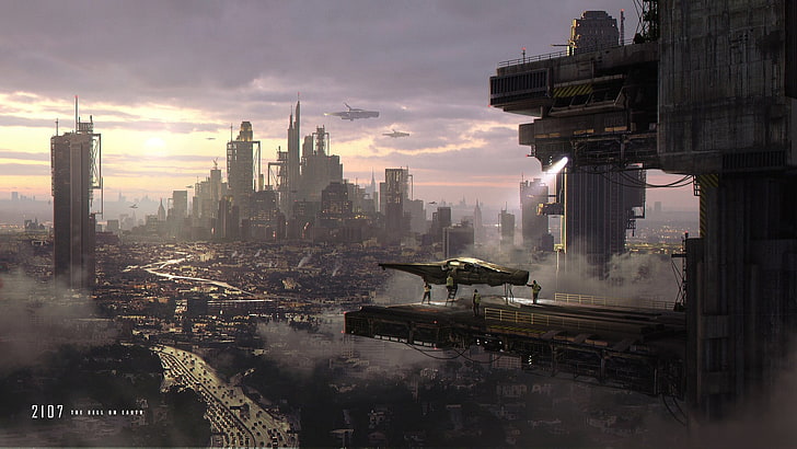 скриншот игрового приложения, город, городской пейзаж, футуристический, самолет, HD обои