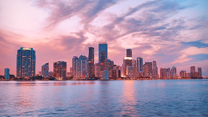 Skyline, Stadtbild, Miami, Florida, Vereinigte Staaten, Wolkenkratzer, rosa Himmel, HD-Hintergrundbild