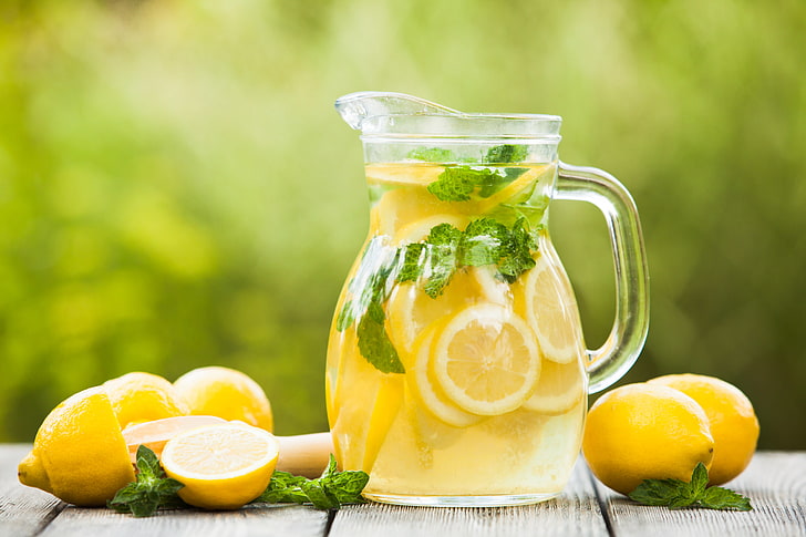 lemonade, greens, background, yellow, drink, pitcher, fruit, lemons, bokeh, HD wallpaper