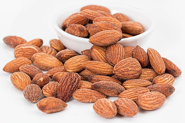 brown almond nut lot, almonds, walnuts, roasted, saucer, HD wallpaper