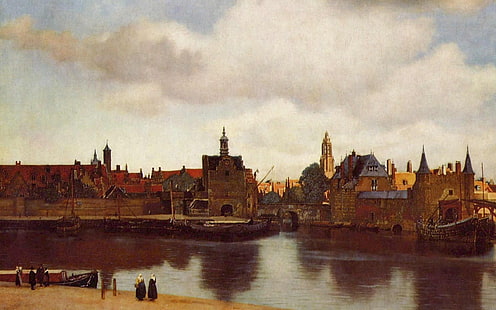 zdjęcie panoramiczne budynków, dzieła sztuki, Johannes Vermeer, malarstwo, Gezicht op Delft, sztuka klasyczna, Tapety HD HD wallpaper