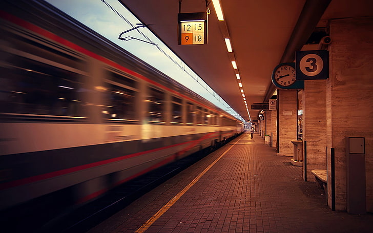 time lapse photo of train passing train station, train, blurred, train station, vehicle, long exposure, clocks, HD wallpaper