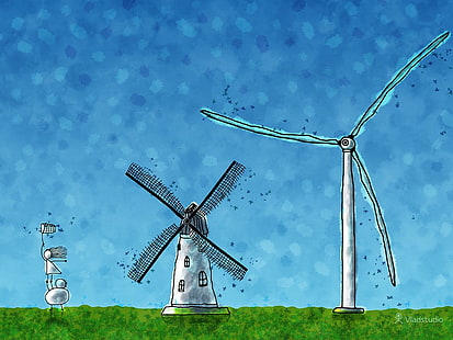 vladstudio вятърни мелници произведения на изкуството турбини вятърна турбина, HD тапет HD wallpaper