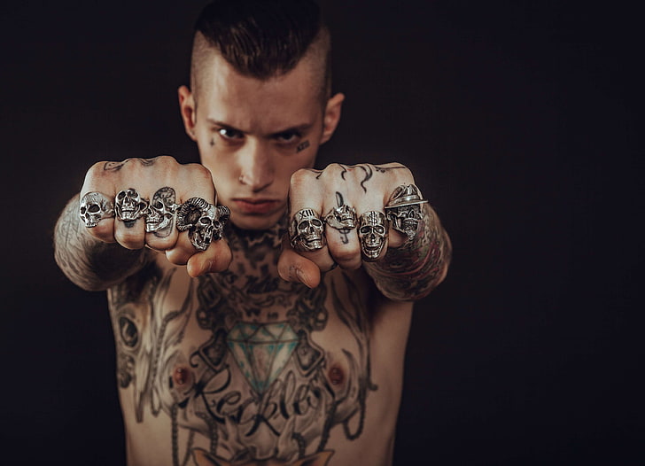 adult, art, beautiful, body, dark, face, fashion, fierce, fist, guy, human, man, model, moody, person, rings, skin, skulls, strong, studio, style, tattoo, young, royalty  images, HD wallpaper