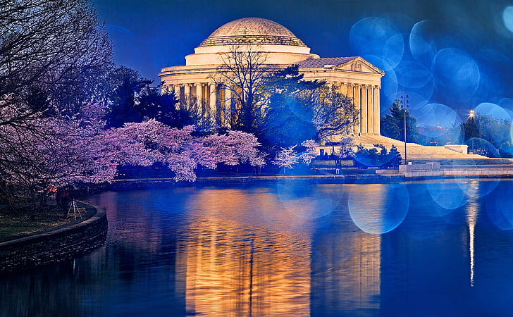 Thomas Jefferson Memorial Cherry Blossom, white concrete building, Seasons, Spring, City, Blue, Dark, Orange, Travel, Colorful, Beautiful, Landscape, Yellow, Cherry, Scenery, Pink, Trees, Circles, Building, Morning, Scene, Dawn, Background, Water, Jefferson, Memorial, Architecture, Bright, Colourful, Digital, Golden, America, Washington, Monument, Urban, Reflections, Round, Blossoms, Beauty, American, Scenic, Epic, States, Glow, Picture, Vivid, foliage, surreal, Waterscape, bokeh, Dome, vibrant, glowing, unitedstates, districtofcolumbia, photomanipulation, landmark, tourism, resource, HD wallpaper