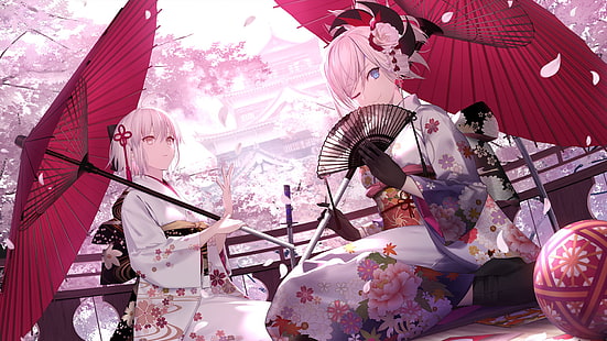 Schicksalsserie, Schicksal / Großauftrag, Blaue Augen, Kirschblüte, Miyamoto Musashi, Okita Souji, Regenschirm, Weißes Haar, Yukata, HD-Hintergrundbild HD wallpaper