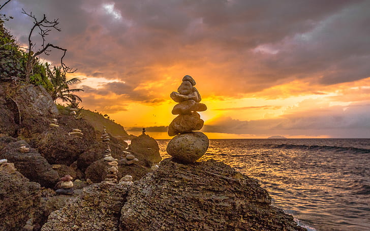 Rocks Stones Sunset Stacked Stack Shore HD, nature, sunset, rocks, stones, shore, stacked, stack, HD wallpaper