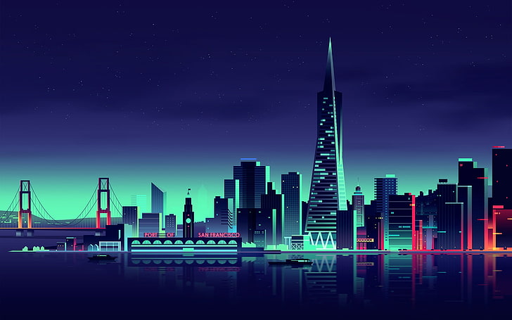 Ilustrasi cityscape San Francisco, lukisan pemandangan kota, malam, lanskap kota, penuh warna, Wallpaper HD