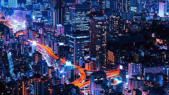 градски сгради, градски светлини, Токио, нощ, HD тапет HD wallpaper