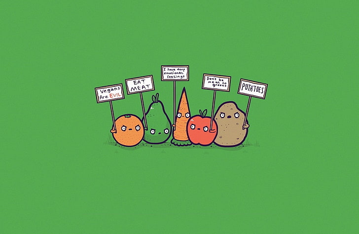 signs, veganism, threadless, simple, simple background, apples, green background, minimalism, green, potatoes, orange (fruit), carrots, humor, HD wallpaper