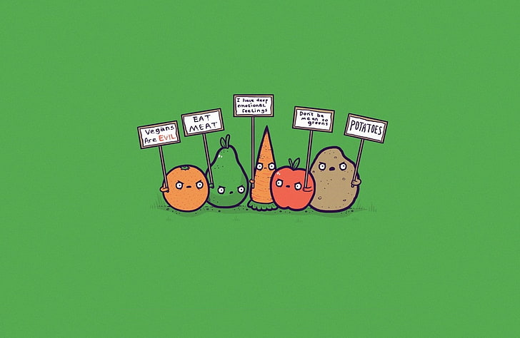ilustracje warzyw, bezgwintowe, proste, weganizm, pomarańcza (owoc), marchew, jabłka, ziemniaki, zielone, znaki, minimalizm, humor, zielone tło, proste tło, Tapety HD