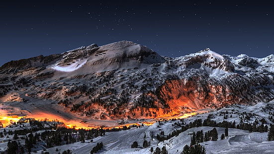 Mountains Landscapes Snow Night Fire Art Photography Skyscapes Hd Wallpaper, HD wallpaper HD wallpaper