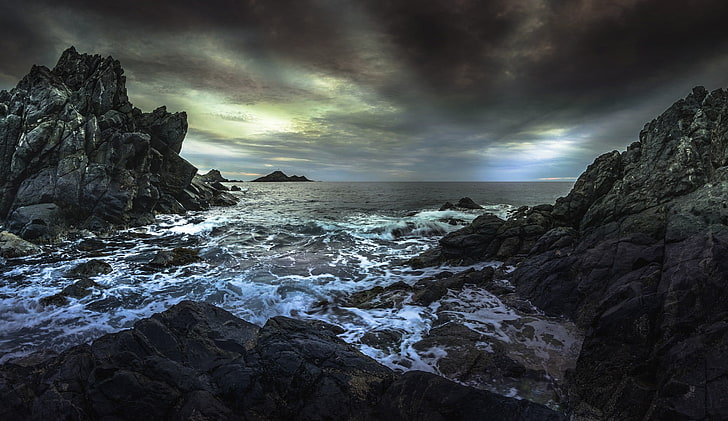 body of water between rocks, landscape, coast, sea, rocks, HD wallpaper
