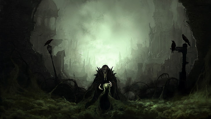grim reaper on field painting, fantasy art, dark, digital art, wizard, raven, ruin, mist, old people, beards, bricks, necromancers, spooky, dark fantasy, artwork, witch, HD wallpaper