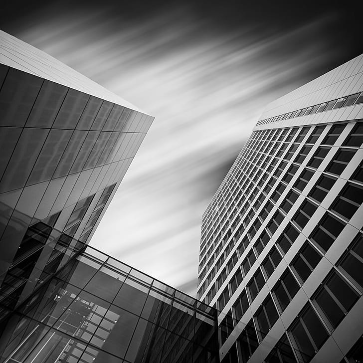 high rise building in grayscale photo, gap, high rise building, grayscale, photo, long exposure, schwarzweiß, frankfurt, architecture, blackandwhite, bw, germany, skyscraper, window, office Building, reflection, modern, glass - Material, built Structure, urban Scene, business, building Exterior, facade, downtown District, tower, futuristic, city, HD wallpaper