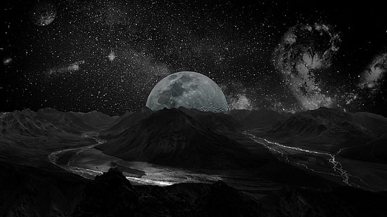 темно, чёрный, луна, звёзды, HD обои HD wallpaper
